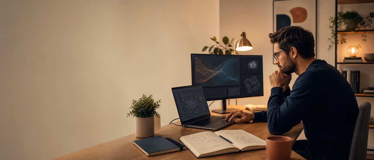 An engineer testing an AI prototype at a warm studio desk