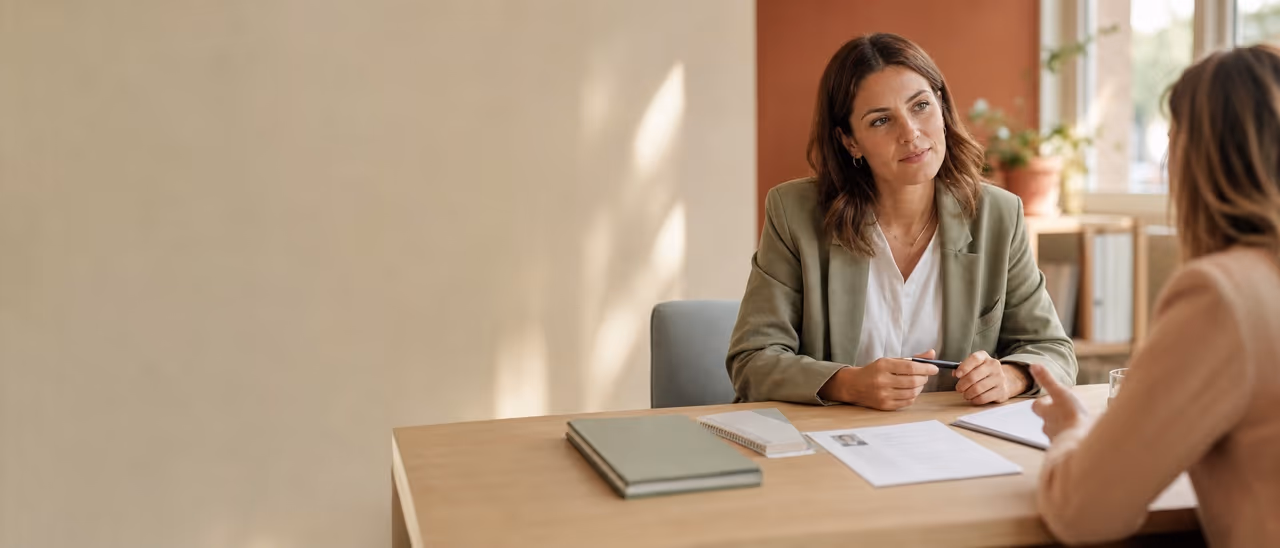 A professional discussing training plans with an adviser at a consultation table