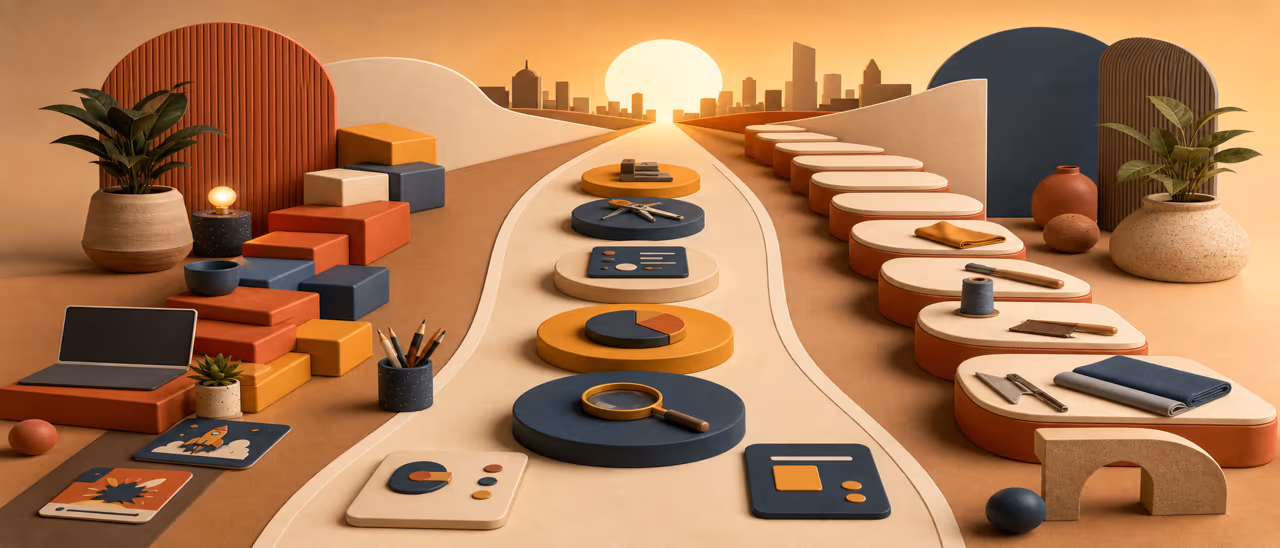 Drei getrennte Lernwege aus kompakten Blöcken, Kompetenzmodulen und gestuftem Berufsweg in warmer Redaktion Illustration