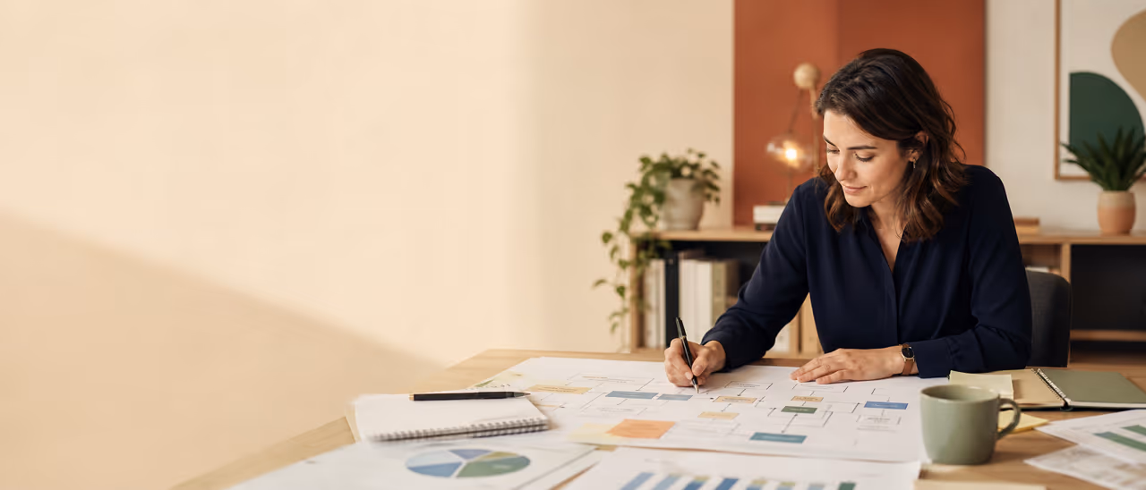 Eine Business Analystin kartiert einen Prozess mit Charts und Anforderungsnotizen