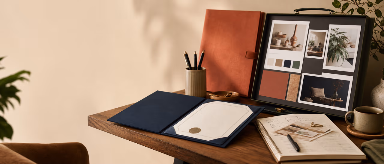Ordner mit Zertifikat, Portfolio Board und Praxisnotiz auf einem Schreibtisch