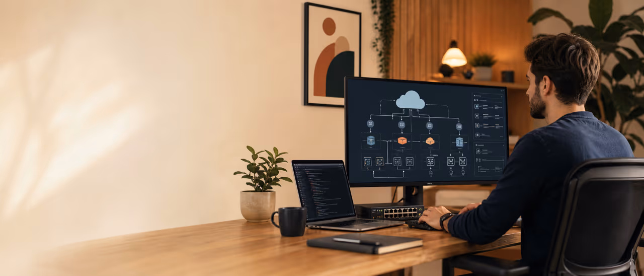 Ein Engineer konfiguriert auf einem Monitor ein Cloud Infrastrukturdiagramm