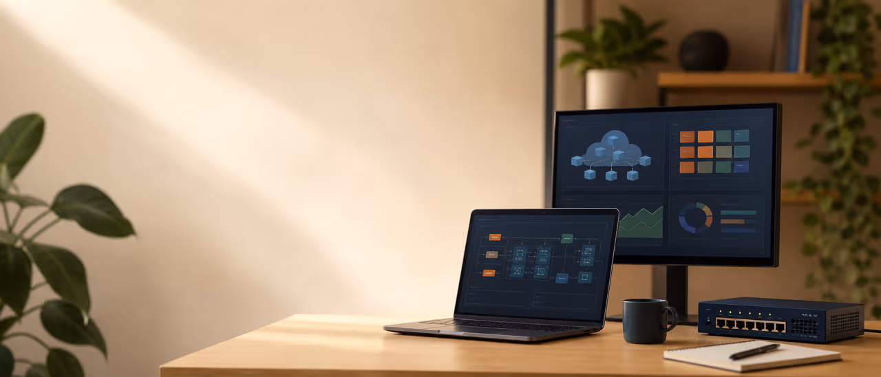 Cloud topology, monitoring patterns and a network device on a warm editorial desk