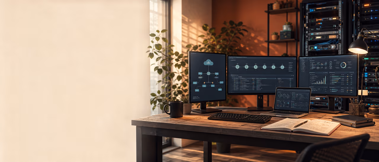Infrastructure workstations with cloud topology, delivery pipeline and server operations screens