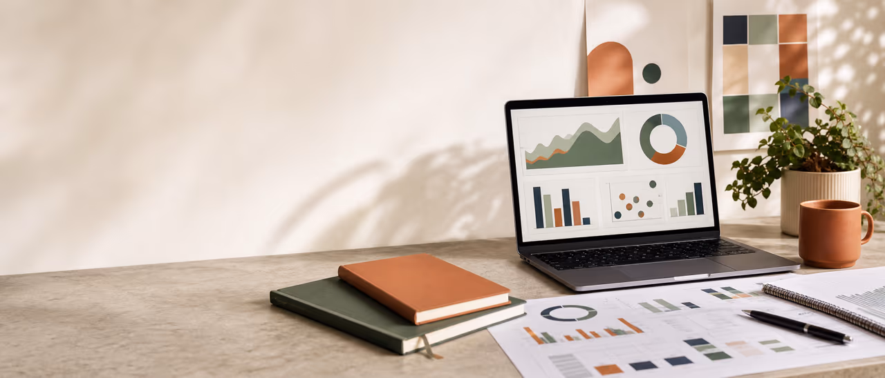 Abstraktes Business Dashboard und Finanzanalyse Materialien auf einem warmen Editorial Schreibtisch