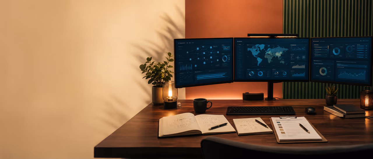Sicherheits Arbeitsplatz mit Monitoring Displays und Risiko Notizen