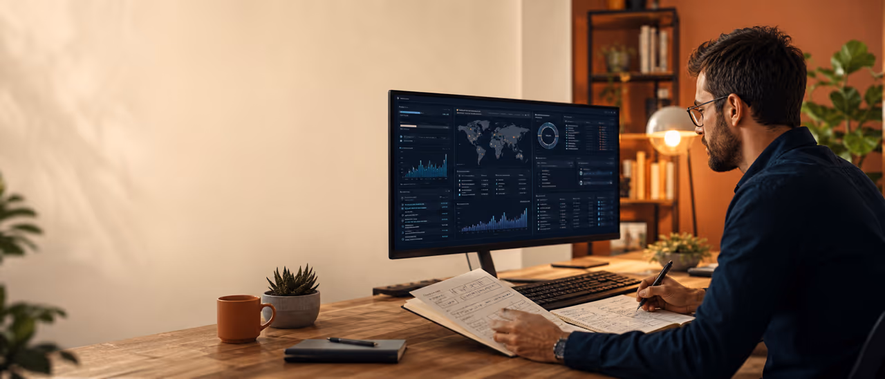 Ein Cybersecurity Analyst untersucht ein nicht lesbares Sicherheitsdashboard