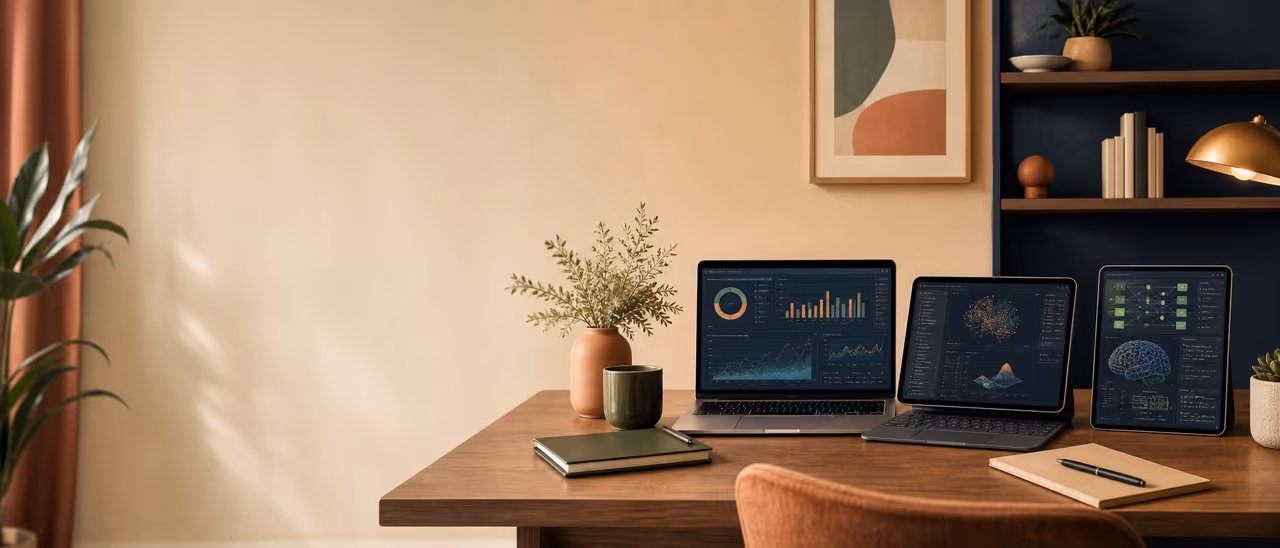 Analytics dashboards, a statistical model and an AI prototype on a warm editorial desk