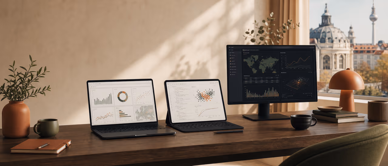 Drei Arbeitsplätze mit Dashboard, Modellexperiment und Monitor für einen KI Dienst