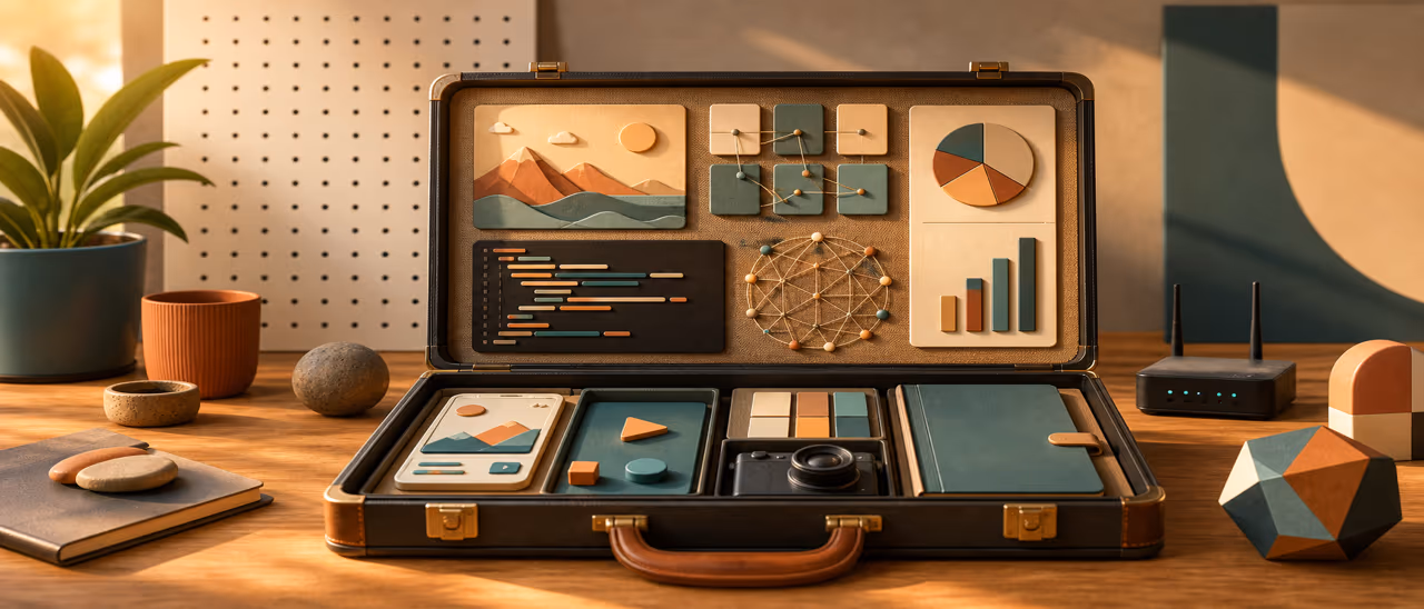 Portfolio case holding practical code, data, design and technology objects on a warm creative studio desk