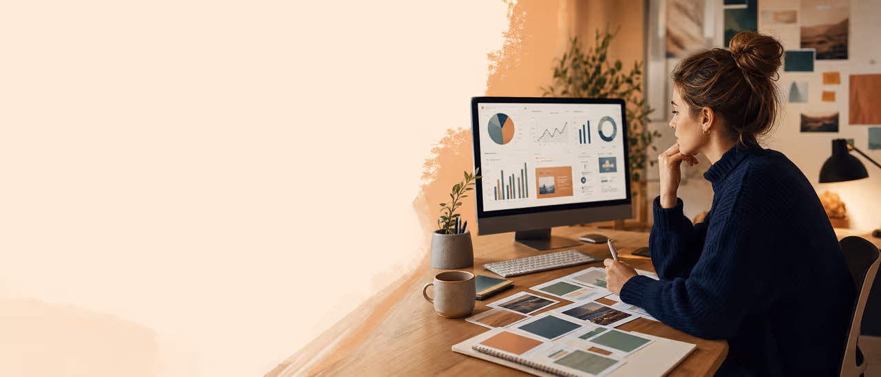 Eine Marketing Fachkraft analysiert ein Kampagnen Dashboard und Content Karten