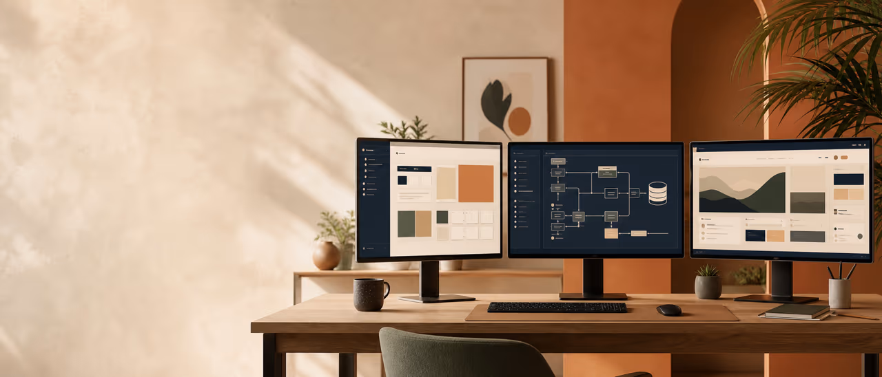 Three monitors showing interface, backend diagram and integrated web app work