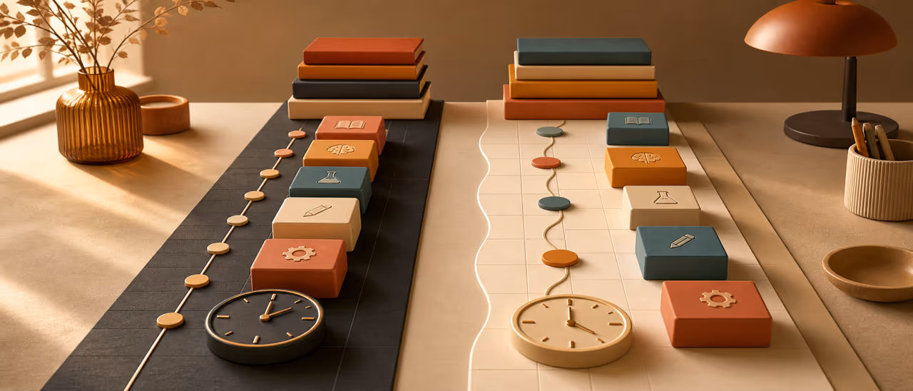 Dense short study timeline beside a spacious longer learning path on a warm editorial planning desk