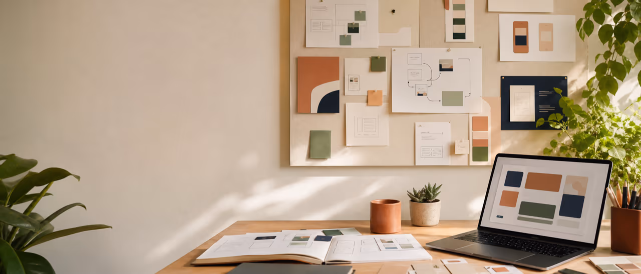 Abstrakte Nutzerabläufe, Prototypen und visuelle Kompositionskarten auf einem warmen Design Studio Arbeitsplatz