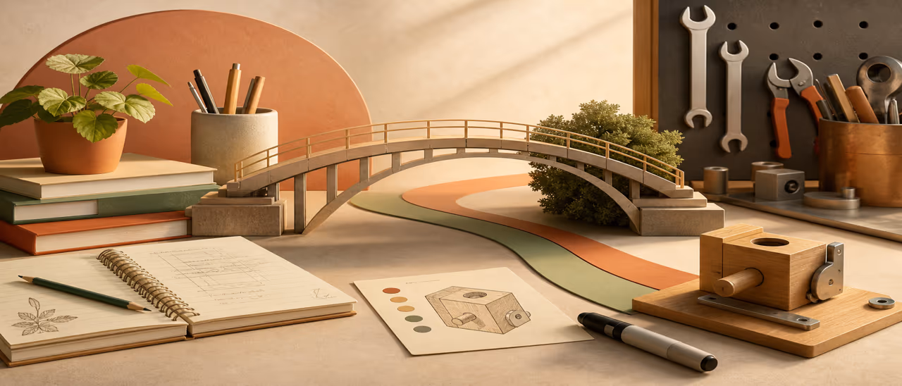 Bridge between classroom learning materials and workplace tools with task card and guidance marker on a warm desk
