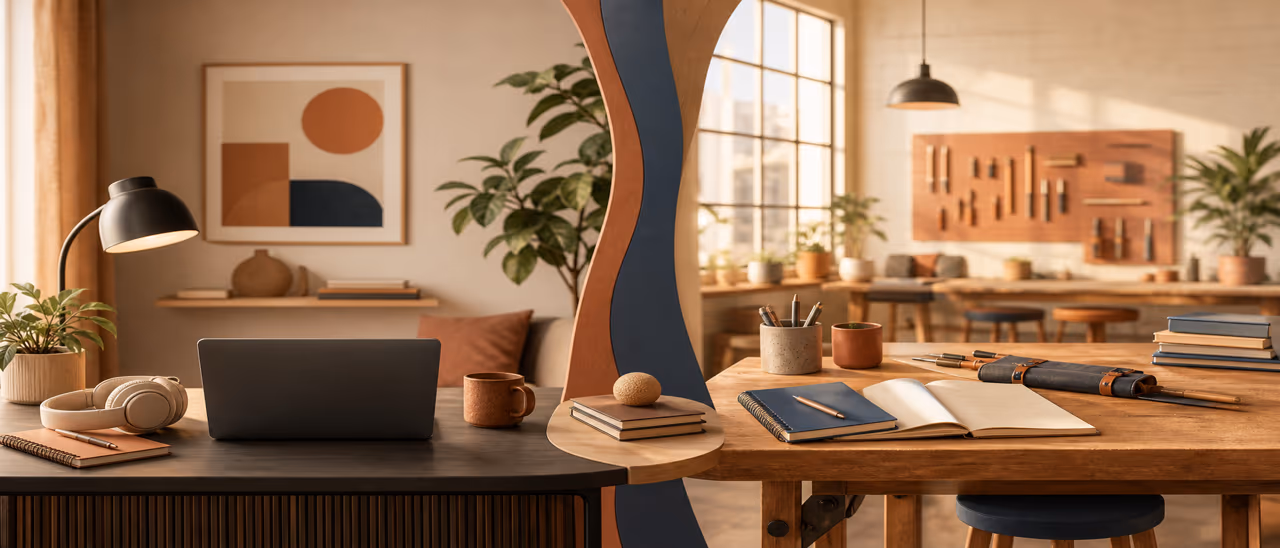 Verbundene Lernbereiche mit einem Schreibtisch zuhause und einem Workshop Tisch mit gemeinsamen Materialien in warmer Redaktion Illustration