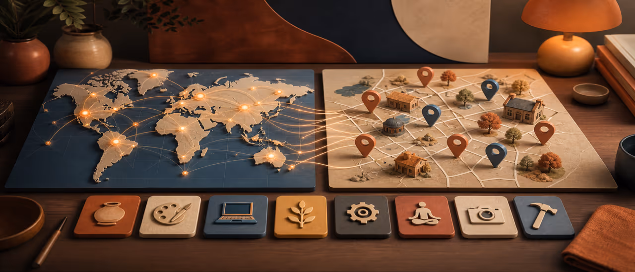 Connected remote learning network and local workshop markers with category tiles on a warm research desk