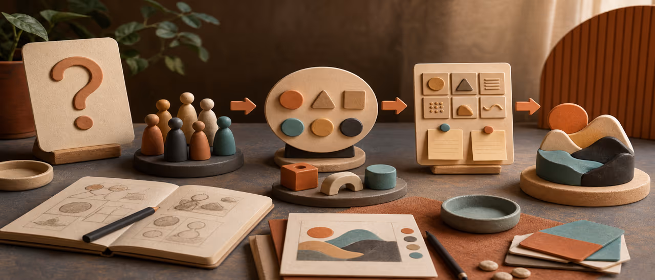 Problem card, audience tokens, prototype pieces, feedback notes and a finished project object on a warm creative desk