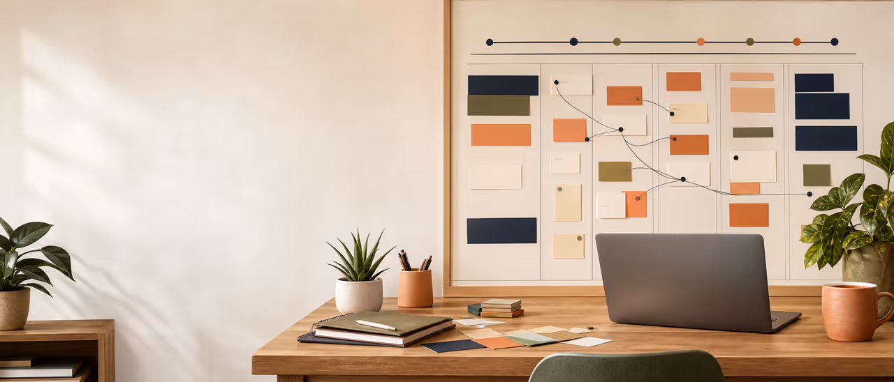 Abstract project timeline, dependency board and planning cards in a warm workspace