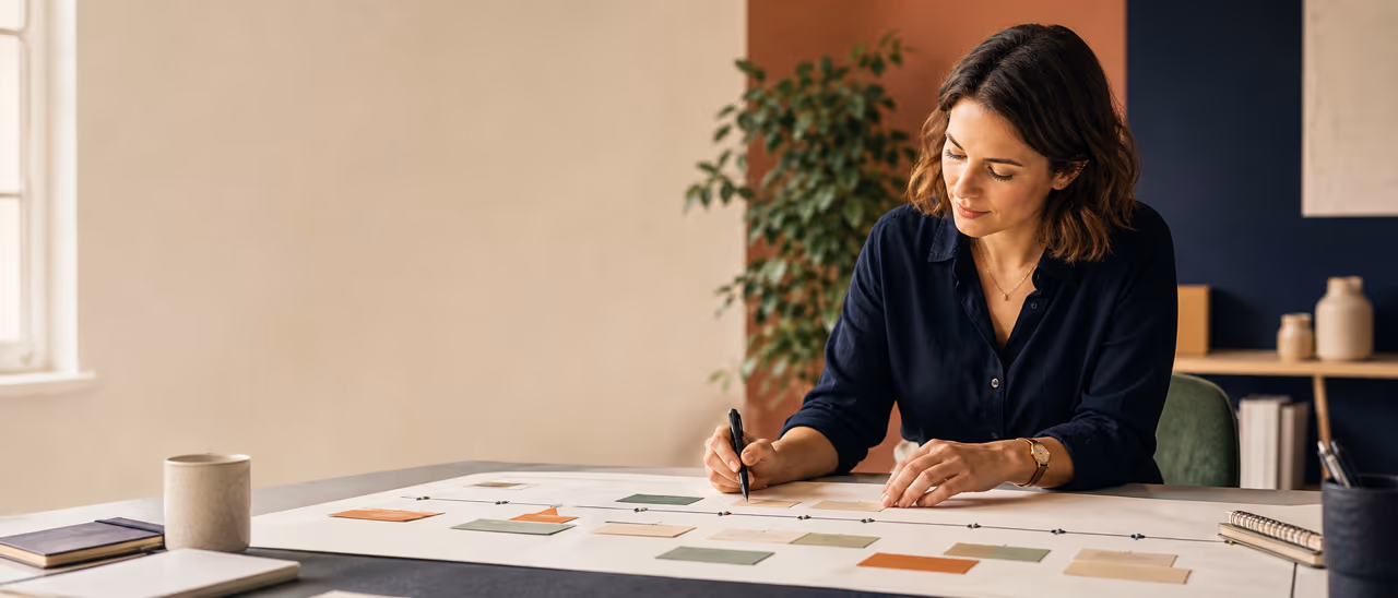 Eine Projektmanagerin ordnet einen physischen Projektzeitplan