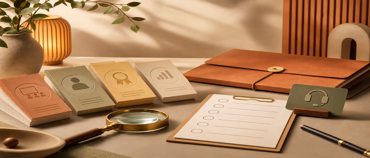 Magnifying glass, curriculum cards, contract folder and evaluation tools on a warm professional review desk