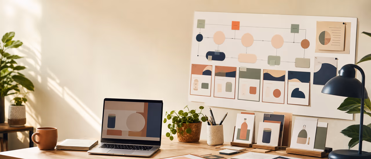 Abstract customer journey board, product forms and campaign planning workspace