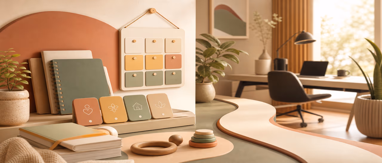 Lernmaterial, ein flexibler Wochenplan und eine ruhige Arbeitsecke zuhause in einer warmen Redaktion Illustration