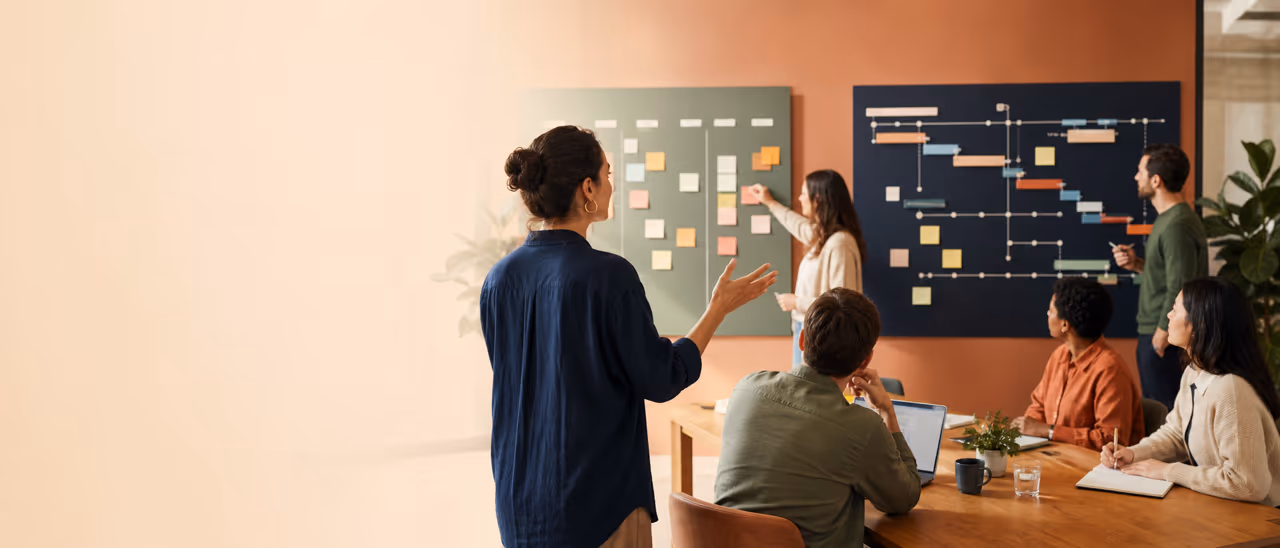 Moderationsboard eines Teams neben einem Projektzeitplan