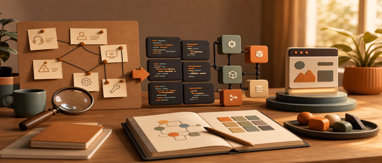 Troubleshooting notes evolving into code modules, tests and a small deployed service on a warm editorial desk