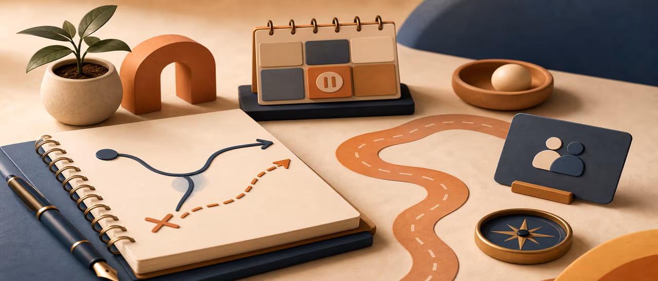 Learning route gently rerouted beside a notebook, support card and paused schedule block on a warm editorial desk