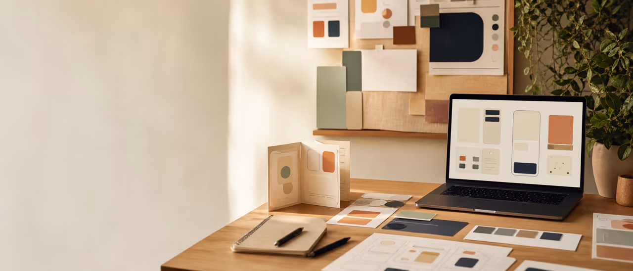 Abstrakte Wireframes, Farbfelder und Papierprototyp auf einem warmen Design Studio Schreibtisch