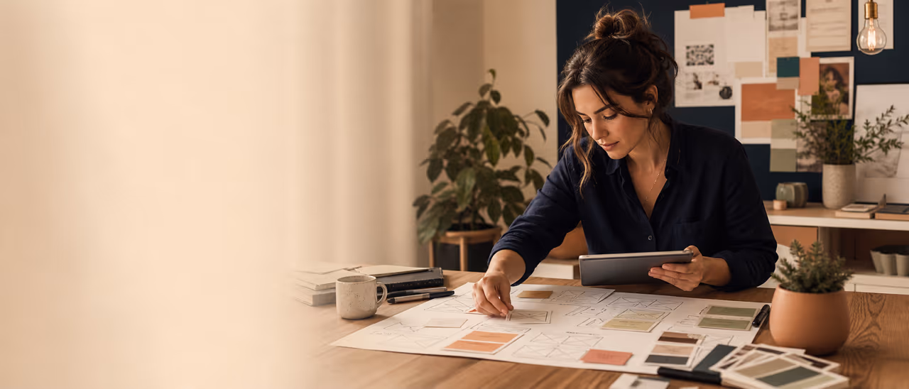 Eine Designerin ordnet Interface Skizzen und Research Notizen