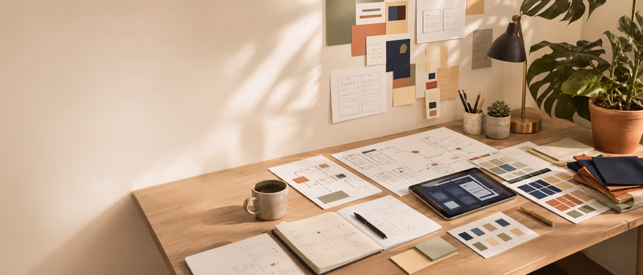 Design Arbeitsplatz mit User Journey Skizzen, Interface Komponenten und Prototyp Notizen
